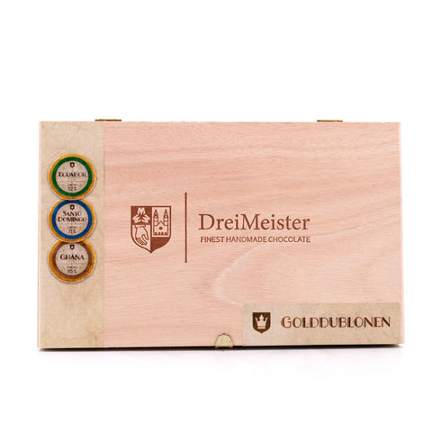 Drei Meister Golddublonen Edelbitterschokolade 45 Stück in Holzkiste im neuen Design Bild 1