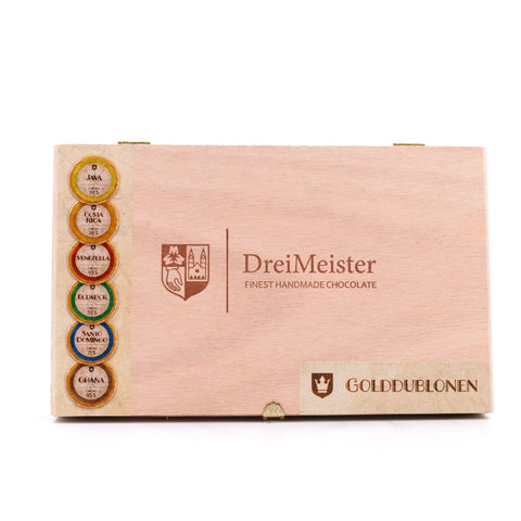 Drei Meister Golddublonen Edelvollmilch-Zartbitterschokolade 45 Stück in Holzkiste im neuen Design Bild 1