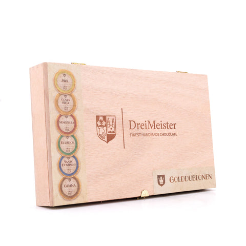 Drei Meister Golddublonen Edelvollmilch-Zartbitterschokolade 45 Stück in Holzkiste im neuen Design Bild 2