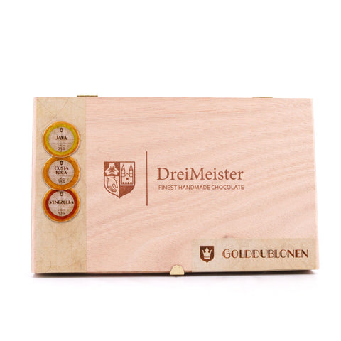 Drei Meister Golddublonen Vollmilchschokolade 45 Stück in Holzkiste im neuen Design Bild 1