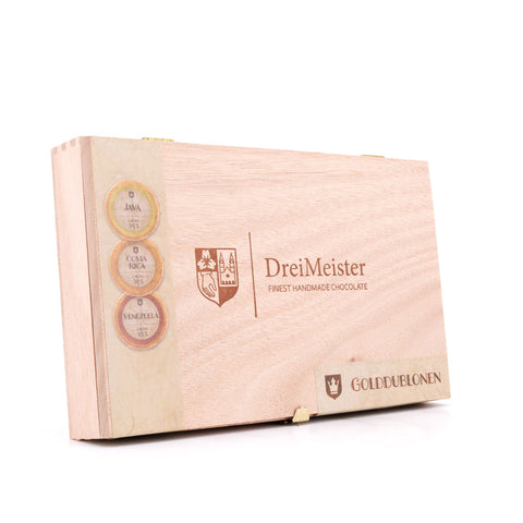 Drei Meister Golddublonen Vollmilchschokolade 45 Stück in Holzkiste im neuen Design Bild 2