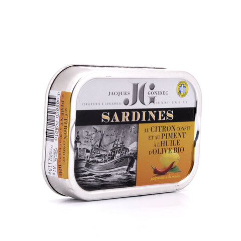 Jacques Gonidec Pikante Sardinen in Olivenöl mit kandierter Bio-Zitrone und -Piment 115g Bild 2