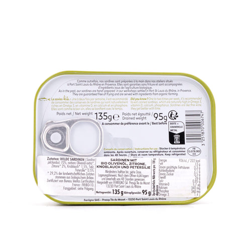 Ferrigno La Bonne Mer Sardinen mit Bio Olivenöl, Zitrone, Knoblauch Petersilie "Pêcheur 135g Bild 3