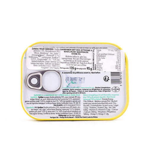 Ferrigno La Bonne Mer Sardinen mit Bio-Zitrone und Basilikum-Marinade ohne Öl 135g Bild 3