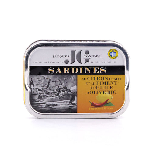 Jacques Gonidec Pikante Sardinen in Olivenöl mit kandierter Bio-Zitrone und -Piment 115g Bild 1